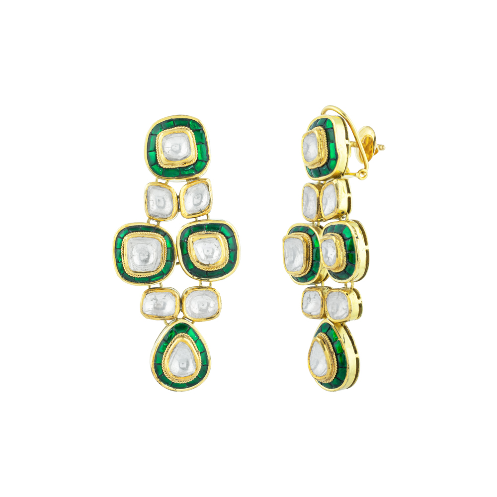 Emerald Green Talaf Polki Earrings with Tiered Polkis